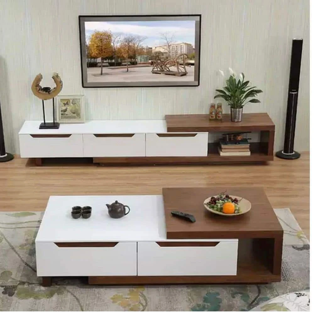 طقم قطعتين ترابيزة قهوة و ترابيزة تلفزيون 210- أبيض مع بنى – TV025