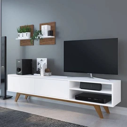 وحدة تليفزيون مع أرفف علوية 30×180 سم – بيج أبيض – TV059