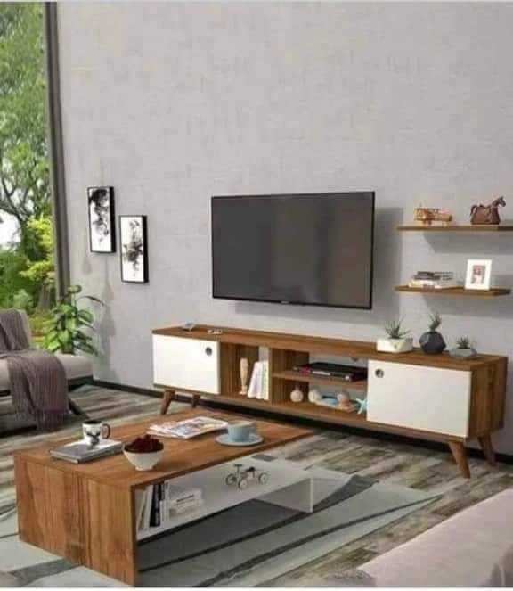 طقم قطعتين ترابيزة قهوة و ترابيزة تلفزيون 180- بنى و أبيض – TV01