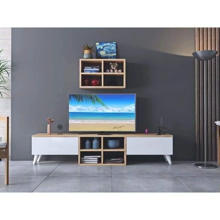 وحدة تليفزيون مع رف علوي 30×160 سم – بيج أبيض – TV063